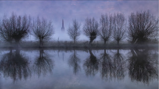 Foggy lake trees church blue - eric deschamps free wallpaper for desktop