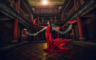 Woman red dress library architecture - scarf free wallpaper