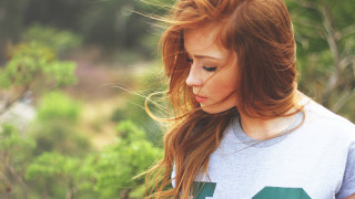 Red haired woman forest cellphone - brigette barrager free wallpaper