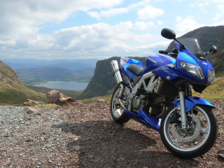 Blue motorcycle lake hill mountains - a lake and mountains free wallpaper for desktop