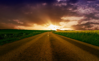 Road grass sky clouds sunset - the background and sun free wallpaper