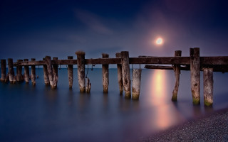 Pier moon reflection cityscape matte - moonlight free wallpaper for desktop