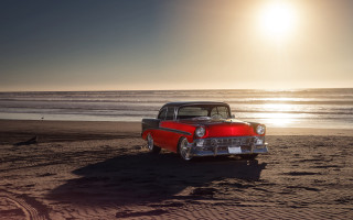 Red black car beach sunset - car free wallpaper