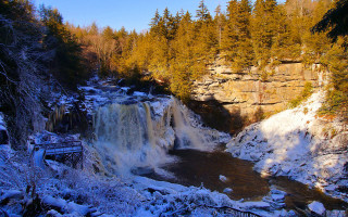 Waterfall bridge trees snow autumn - waterfall free wallpaper