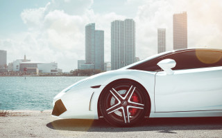 White sports car city lake - luxury free wallpaper