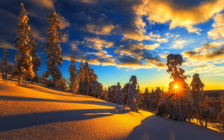 Sunset snowy mountain trees clouds 4 - cloud and sun free wallpaper