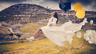 Woman white dress flying umbrella - a white dress free wallpaper for desktop
