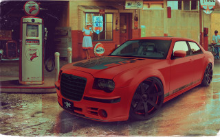 Red car gasstation woman man - a gas station free wallpaper