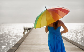 Blue dress umbrella pier ocean - a blue dress holding free wallpaper for desktop