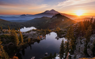 Sunset lake mountains trees water - mountain and trees free wallpaper