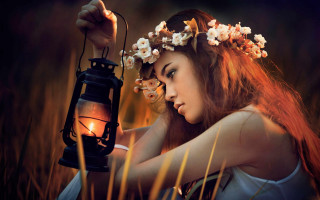 Woman lantern flower wreath field - a lantern free wallpaper for desktop