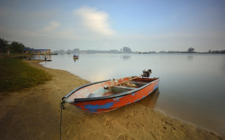 Boat shore lake sky clouds - adrian zingg free wallpaper for desktop