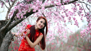 Red dress pink flower portrait - a red umbrella free wallpaper for desktop