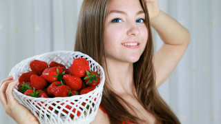 Woman basket strawberries smiling food - a basket of strawberries free wallpaper