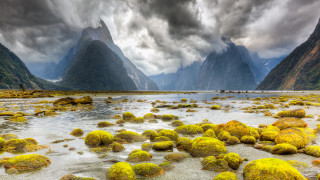 River moss rocks mountains cloudy - the bank free wallpaper