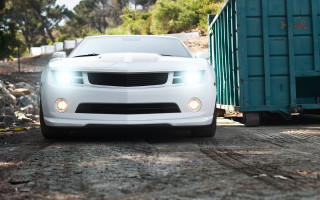 White car dumpster blue truck - parked free wallpaper