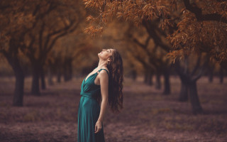 Woman green dress forest autumn - cinematic photography free wallpaper for desktop