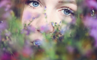 Blue eyes purple flowers portrait - purple flower free wallpaper for desktop