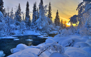 River snow trees sunset mountains - a river free wallpaper