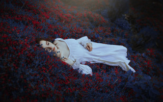 Woman flower field white dress 2 - dreamlike free wallpaper for desktop