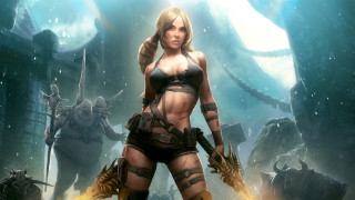Woman bikini armor cave sword - her hand and a demon in the background free wallpaper
