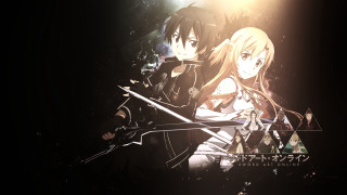 Anime characters swords dark background - a couple of anime characters holding swords free wallpaper
