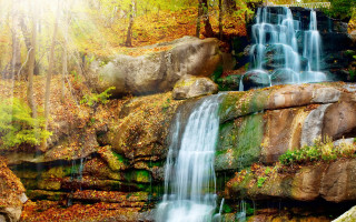 Waterfall forest fall foliage bench - the side of the waterfall free wallpaper