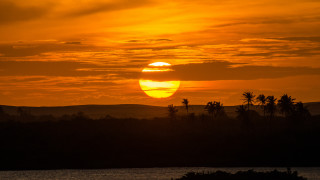 Sunset boat palm mountains reflection - the background and a mountain in the distance free wallpaper