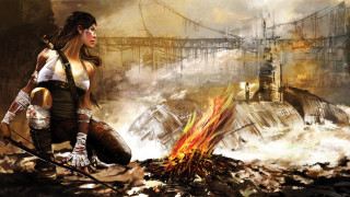 Woman rubble fire bridge apocalyptic - apocalyptic free wallpaper