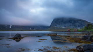 Mountain lake house cloudy sky 2 - tonalism free wallpaper