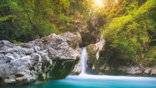 Waterfall blue water forest sunbeam - blue water free wallpaper