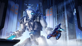 Futuristic robot city motorcycle background - a motorcycle in front free wallpaper