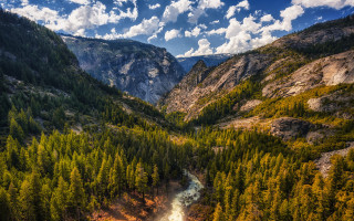 River forest mountain sky clouds - a mountain range in the background free wallpaper