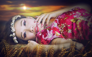 Woman red dress wheat sunset 2 - chen chun free wallpaper