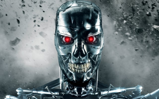 Robot red eyes skull gun - les automatiste free wallpaper