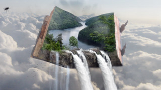 Floating waterfall book river mountains - a waterfall in the middle of it free wallpaper