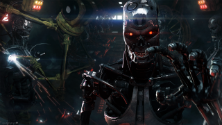 Robot glowing eyes gun dark - les automatiste free wallpaper