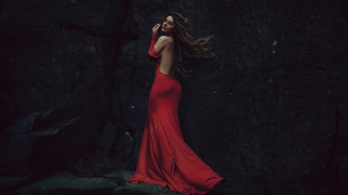 Red dress woman rock wall - a rock wall free wallpaper for desktop