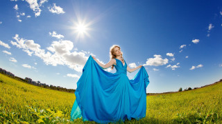 Woman blue dress field sun - blue sky free wallpaper for desktop
