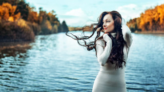 Woman lake autumn long hair - flowing hair free wallpaper