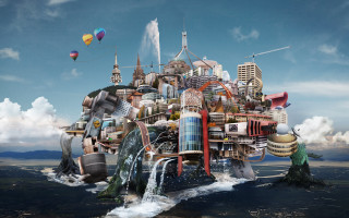 Floating city waterfall balloons beach - liam brazier free wallpaper