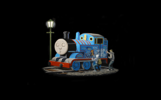 Man standing blue red train - banksy free wallpaper