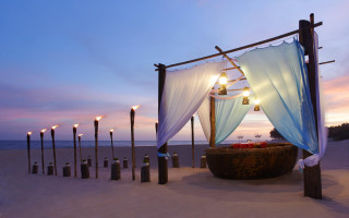 Beach canopy white curtains sunset - romantic free wallpaper