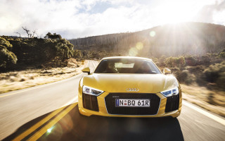 Yellow car mountains road sunset - the background and sun free wallpaper