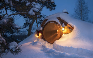 Snowy winter forest house tree - area free wallpaper