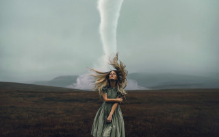 Woman dress tornado field surreal - free halloween wallpaper