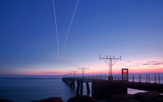 Pier plane sunset contrails water 5 - choi buk free wallpaper