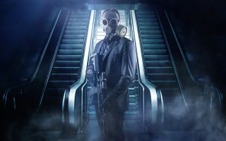 Man gas mask escalator gun - dystopian art free wallpaper