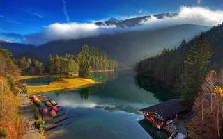 Lake mountains dock canoes boathouse - a lake free wallpaper for desktop