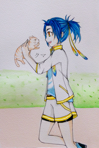 Blue haired girl holding cats - her other hand free wallpaper for mobile